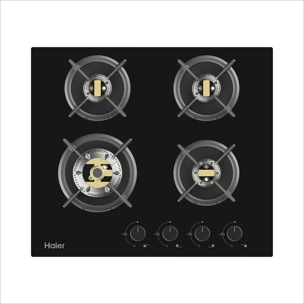 Haier 4 Full Brass Burner Hybrid-Hob with metal Knobs & Auto Ignition